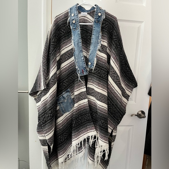 Jackets & Blazers - Boho Baja Poncho Sweater with Denim Trim & Fringe | Oversized Blanket Cardigan